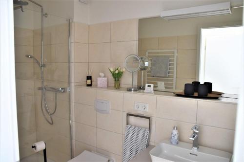bagno con doccia, lavandino e specchio di Dünengrund 3, W5, liebeUNDträume a Rantum