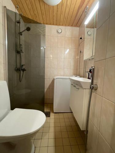 y baño con aseo, lavabo y ducha. en Cozy lake view room by city center, en Kuopio