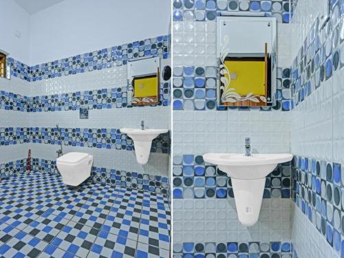 two pictures of a bathroom with two sinks and a toilet at Galaxy villa in Wayanad