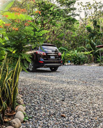 a black truck parked on a gravel road at Vista Verde Surf & Studios - jungle View in Carmen
