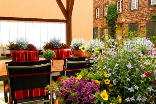 a group of flowers on a table in a building at Studio Apartment am historischen Matthiasturm in Neef