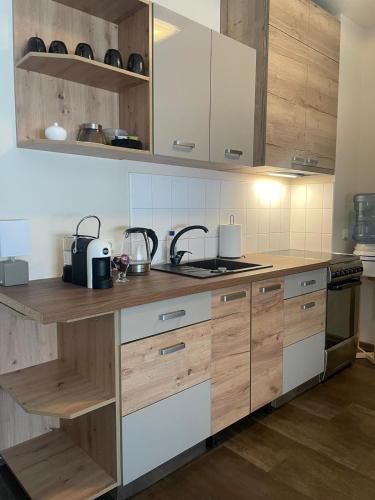 cocina con armarios de madera y encimera en Studio apartamenti Cēsis, en Cēsis