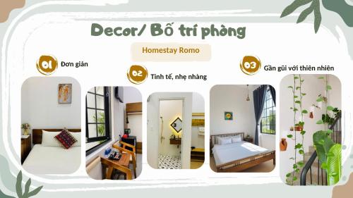 a collage of four pictures of a room at Romo Homestay in Quang Ngai