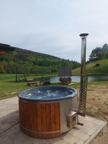 een hot tub in het midden van een park bij Domki pod Bukowym lasem in Wańkowa