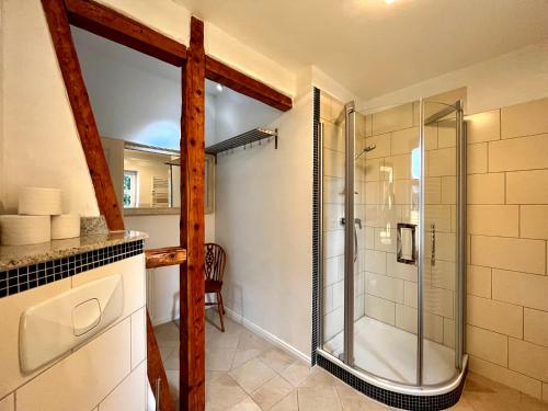 La salle de bains est pourvue d'une douche et d'une cabine de douche en verre. dans l'établissement JS Feriendomizile: FeWo Charlotte, à Schierke