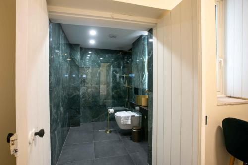 a bathroom with a toilet and a green tiled wall at Limassol Old Town Mansion in Limassol
