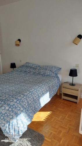 ein Schlafzimmer mit einem Bett und einem Nachttisch mit zwei Lampen in der Unterkunft T2 rénové hyper centre Annecy in Annecy