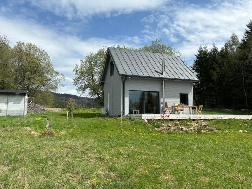 mały szary dom na polu trawy w obiekcie Sowi Sierp Domek w Górach Sowich w mieście Sierpnica