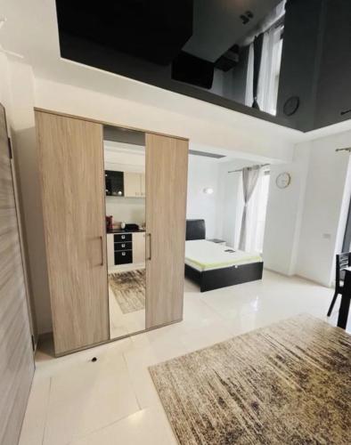 a living room with a large wooden door in a room at Garsonieră in Mamaia Nord