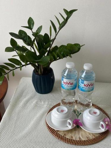 a table with two bottles of water and a vase with a plant at Good Morning Hoi An Homestay and Hostel in Hoi An