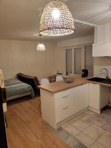 une pièce avec une cuisine et un salon dans l'établissement Appartement studio centre avec place de parking, à Lorient