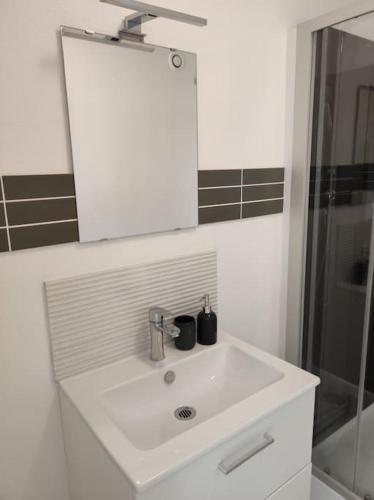 La salle de bains est pourvue d'un lavabo blanc, d'un miroir et d'une douche. dans l'établissement Appartement studio centre avec place de parking, à Lorient