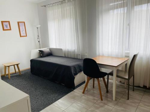 a bedroom with a bed and a desk and a table at Linnets Studios in Bratislava