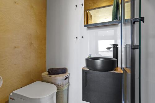 a bathroom with a sink and a toilet at OffGrid Tiny Home W/ View Of South Downs NP in Petersfield