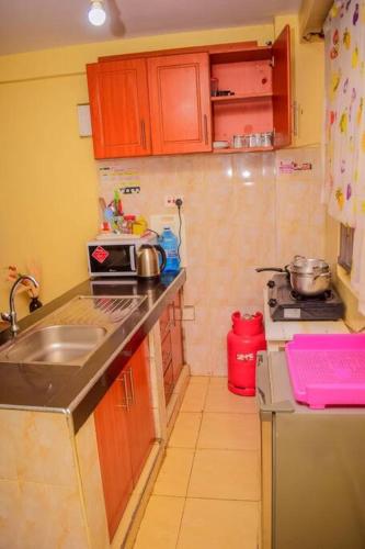 a small kitchen with a sink and a stove at Modern one bedroom742333980 in Kisumu