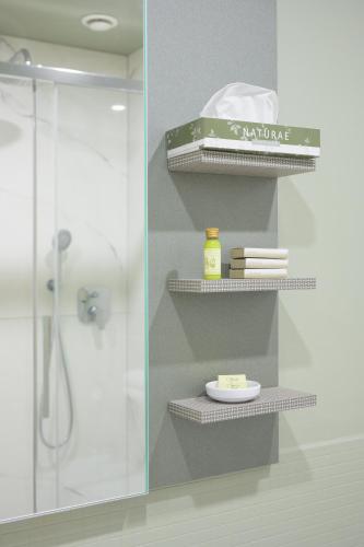 a bathroom with a shower and shelves with a sink at Hotel Ilaria in Lucca