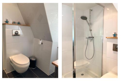 2 fotografías de un baño con ducha y aseo en Boshuis Bonbon - Chalet in Durbuy, en Durbuy