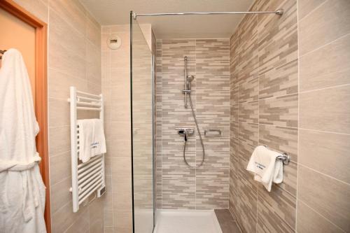 W łazience znajduje się prysznic ze szklanymi drzwiami. w obiekcie Les Demeures de Borda w mieście Dax