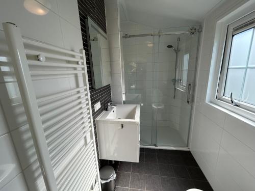 y baño blanco con lavabo y ducha. en De Roos chalet 174, en Sint Annaland
