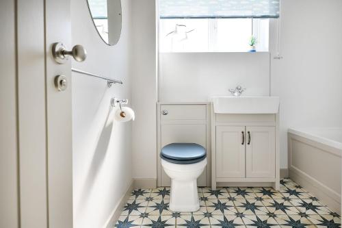 a bathroom with a blue toilet and a sink at Gwendy in Abersoch