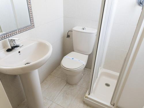 La salle de bains est pourvue de toilettes, d'un lavabo et d'une douche. dans l'établissement Apartamentos Coral Beach Unitursa, à Calp