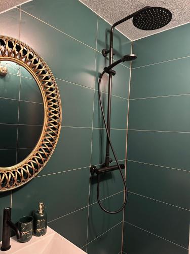 a shower in a bathroom with a mirror and a sink at Rakši in Cēsis