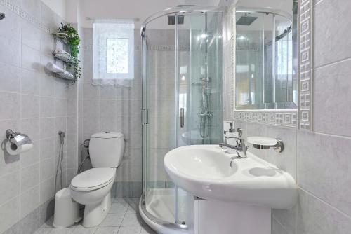 uma casa de banho com um WC, um lavatório e um chuveiro em Thea apartments em Xerokampos