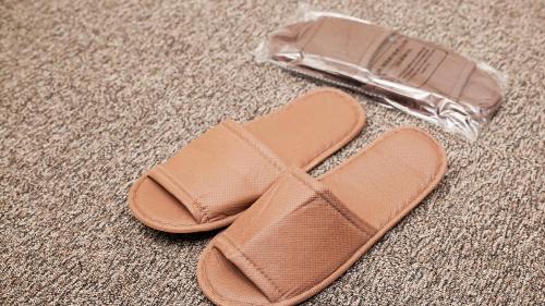 a pair of sandals sitting on a carpet at Route Inn Grantia Naha in Naha