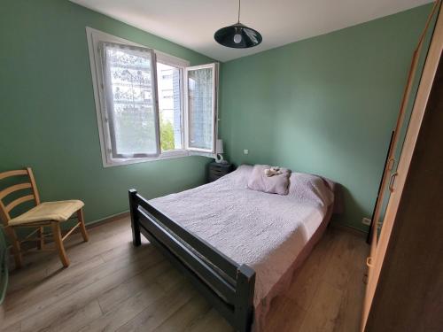um quarto verde com uma cama e uma cadeira em Appartement Le Pontet em Avignon