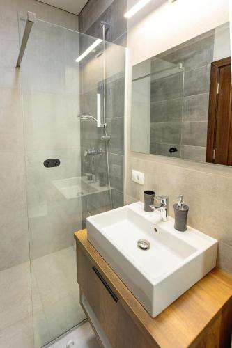 ein Badezimmer mit weißem Waschbecken und Dusche in der Unterkunft Pensiunea CARMEL in Baile Felix