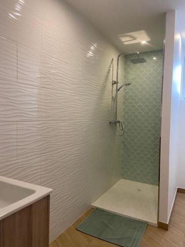 une salle de bain avec une douche avec une porte vitrée dans l'établissement Le Lodge, entre calme et confort, à Gommegnies