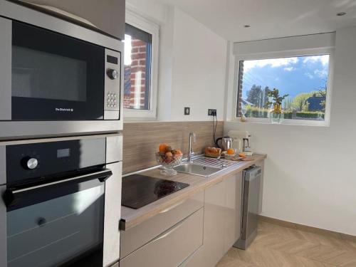 une cuisine avec un évier et un micro-ondes dans l'établissement Le Lodge, entre calme et confort, à Gommegnies