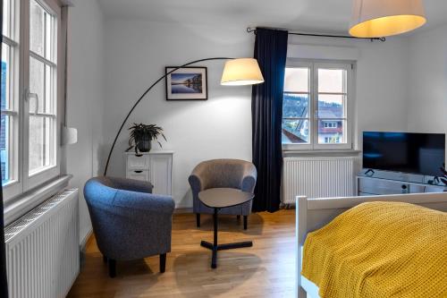 a bedroom with a bed and two chairs and a television at Ferienwohnung KARKER 2 in Radolfzell am Bodensee