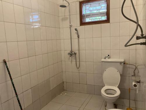 a bathroom with a shower with a toilet and a window at Jinja Airport apartment in Jinja