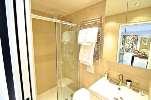 une salle de bain avec douche et lavabo dans l'établissement Notre Dame In Full Colors, à Paris
