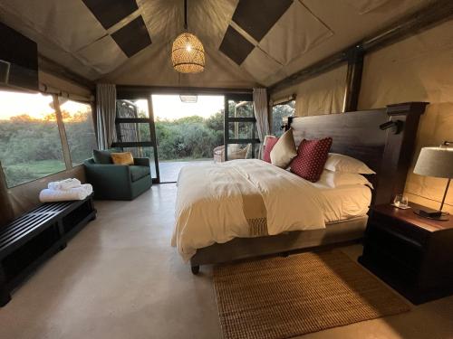 a bedroom with a bed and a couch and windows at Charihandra Game Lodge in Addo