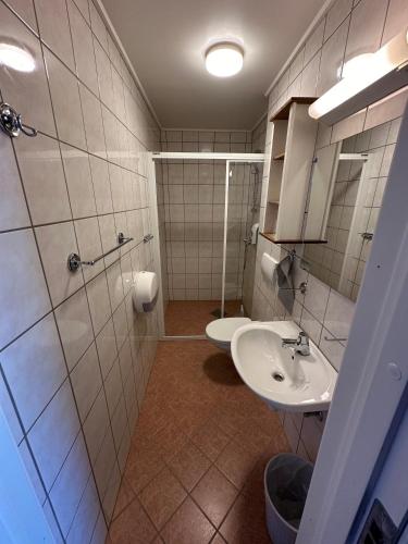 uma casa de banho com um lavatório, um chuveiro e um WC. em Helgatun Fjellpensjonat AS em Vossestrand