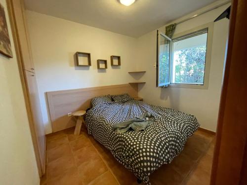 une chambre avec un lit sur lequel est allongé un chat dans l'établissement Résidence marine de bravone Accès plage, Piscine, à Linguizzetta