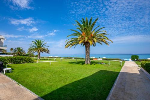 a palm tree in a park with the ocean in the background at Seapalm House in Hanioti