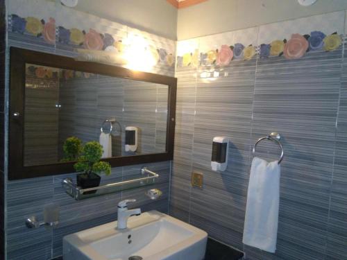 a bathroom with a sink and a mirror at Heavenly Stays in Karachi
