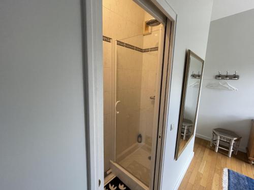 y baño con ducha y puerta de cristal. en Chambre d'hôte Bords de Garonne, en Burdeos