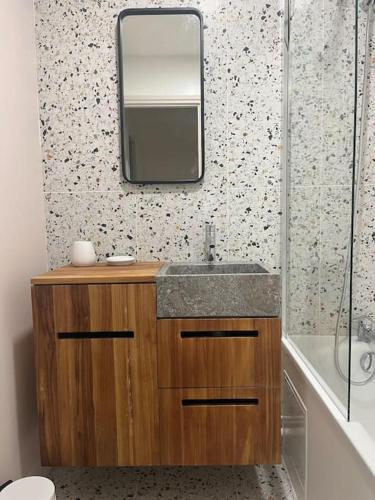 une salle de bain avec un lavabo et un miroir dans l'établissement Embruns Nouveau cottage dans une résidence arborée, à Neufchâtel-Hardelot