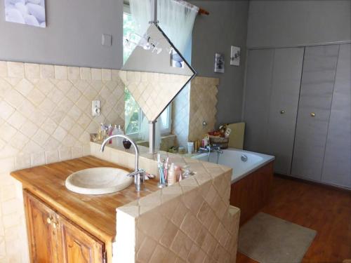 uma casa de banho com um lavatório e uma banheira em Domaine avec Piscine em Grans