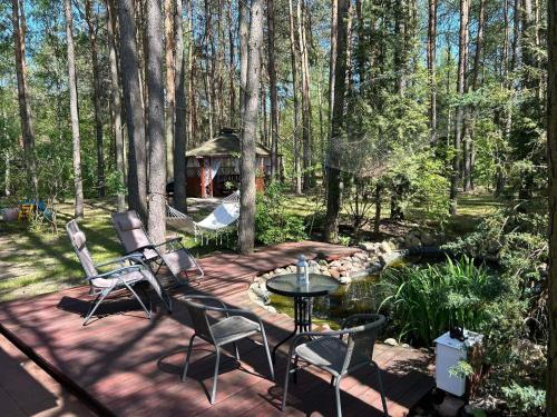 un patio con sillas y una mesa en el bosque en Brzozowy zakątek, en Królewo