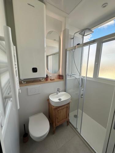 a bathroom with a toilet and a sink and a shower at Appartement, bel aperçu Tour Eiffel in Rueil-Malmaison