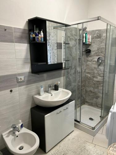 ein Bad mit einem Waschbecken und einer Dusche in der Unterkunft Appartamento in Valle in Prato Sesia