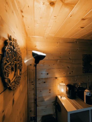 a lamp in a room with a wooden wall at La Casa del Busso in Boccioleto