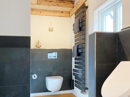 a bathroom with a toilet next to a window at Ostsee Apartments Waldwiese in Hohwacht