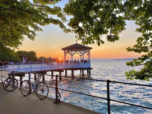 a pier with two bikes parked next to the water at Naturidyll am See in Fußach