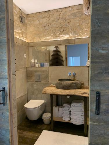 ein Badezimmer mit Waschbecken und Toilette in der Unterkunft La Belugue in Beaumont-de-Pertuis